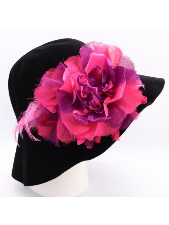 Borsalino Antica Casa Black Velvet Floppy Hat -Pink Flower Feather Women\'s Italy